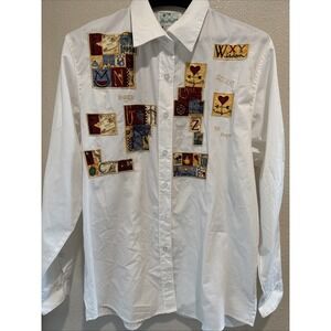 Quacker Factory Shirt Womens Sz L White Button Shirt Embroidered Festive Granny